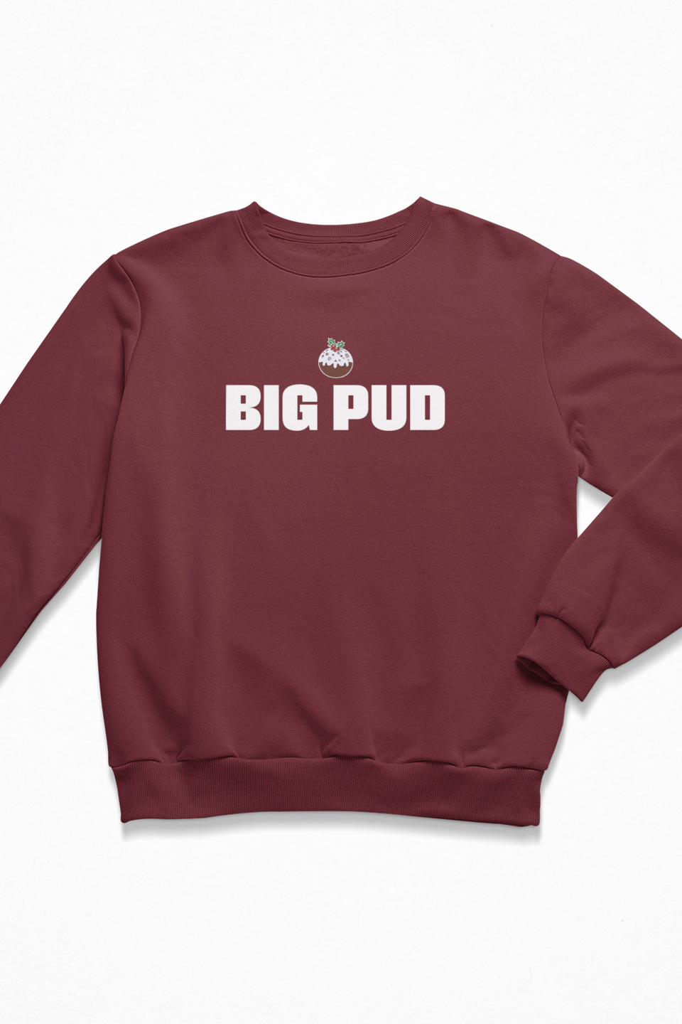 Big Pud Christmas Jumper with christmas pudding in burgundy
