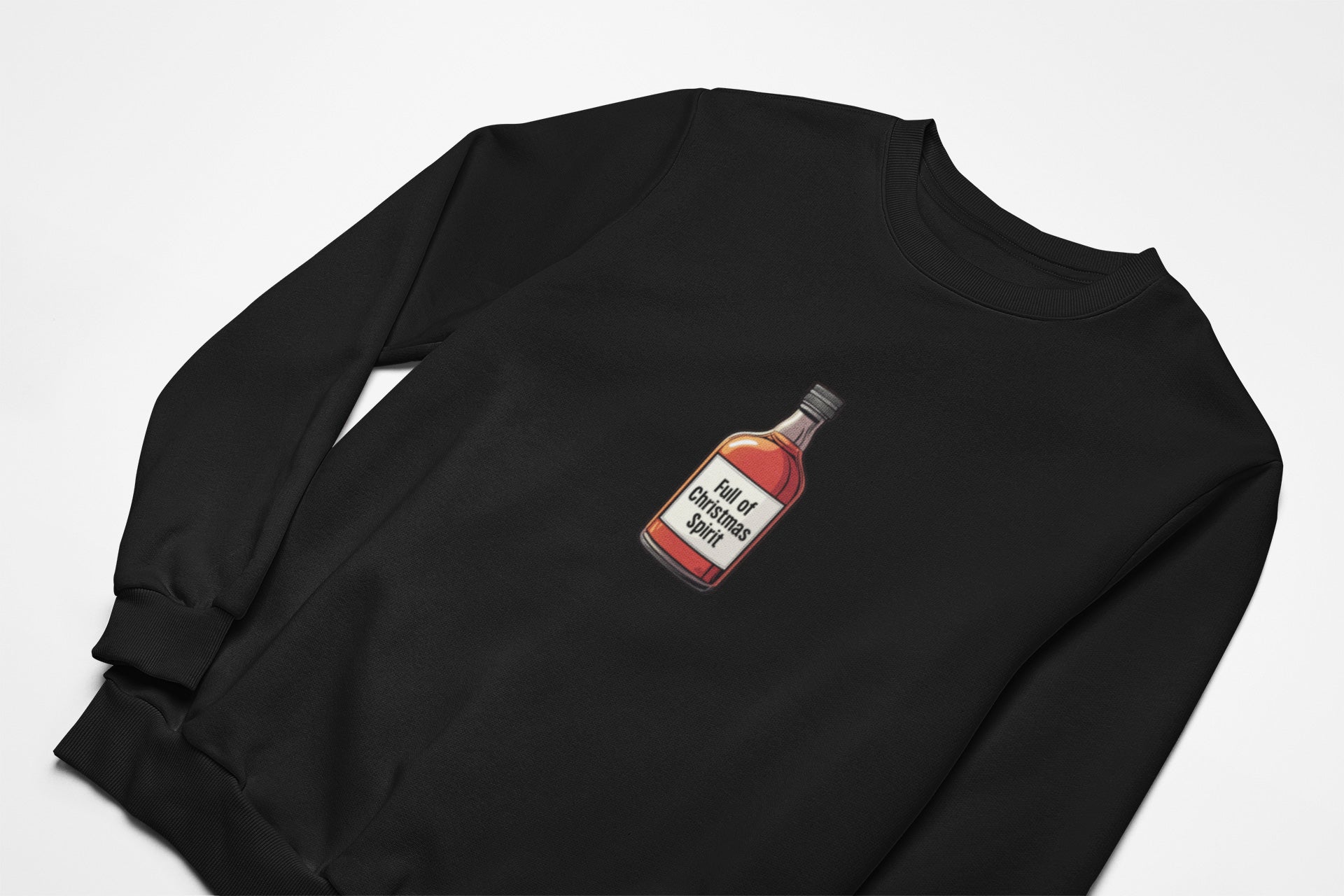 Full of christmas spirit Christmas Jumper with with a bottle of whisky on the front in black