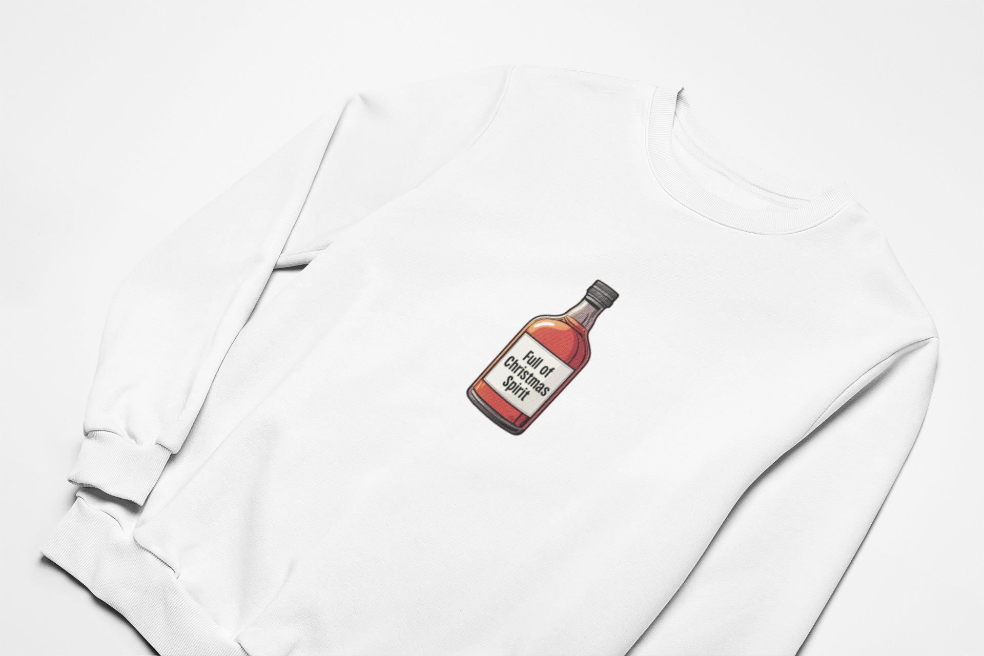 Full of christmas spirit Christmas Jumper with with a bottle of whisky on the front in white
