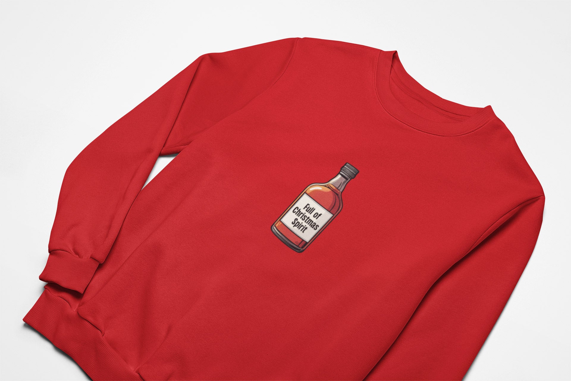 Full of christmas spirit Christmas Jumper with with a bottle of whisky on the front in red 