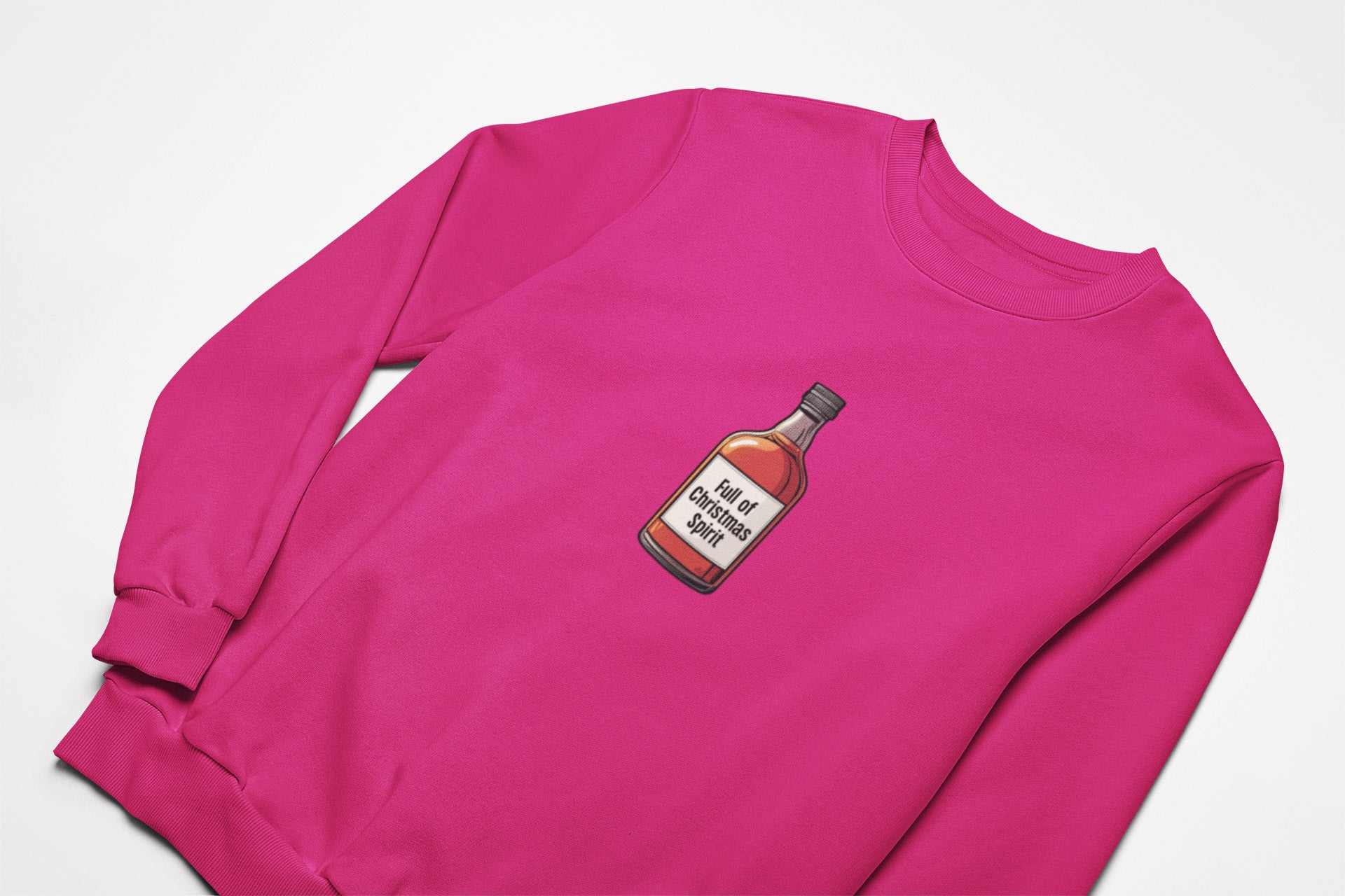 Full of christmas spirit Christmas Jumper with with a bottle of whisky on the front in pink