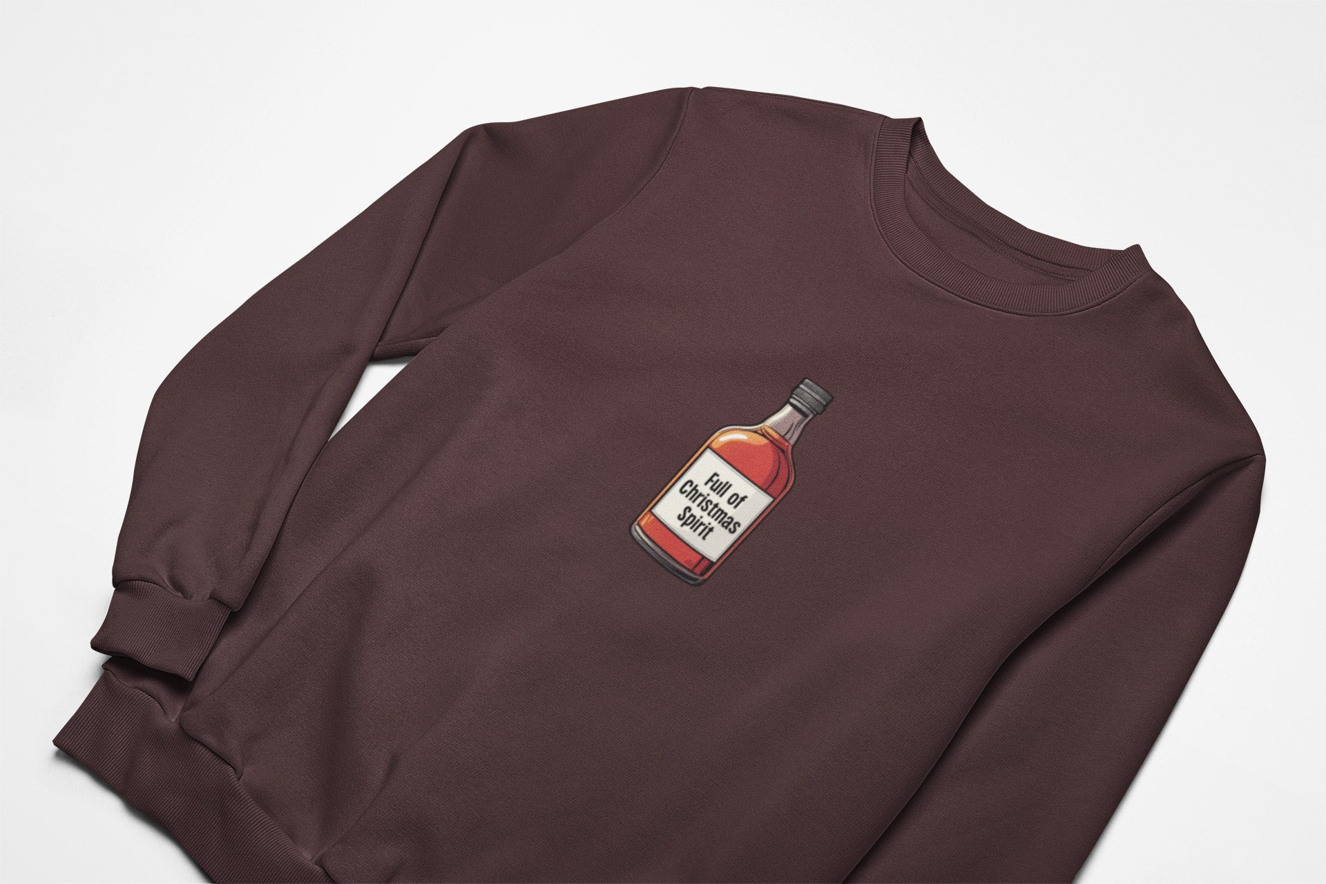 Full of christmas spirit Christmas Jumper with with a bottle of whisky on the front in brown