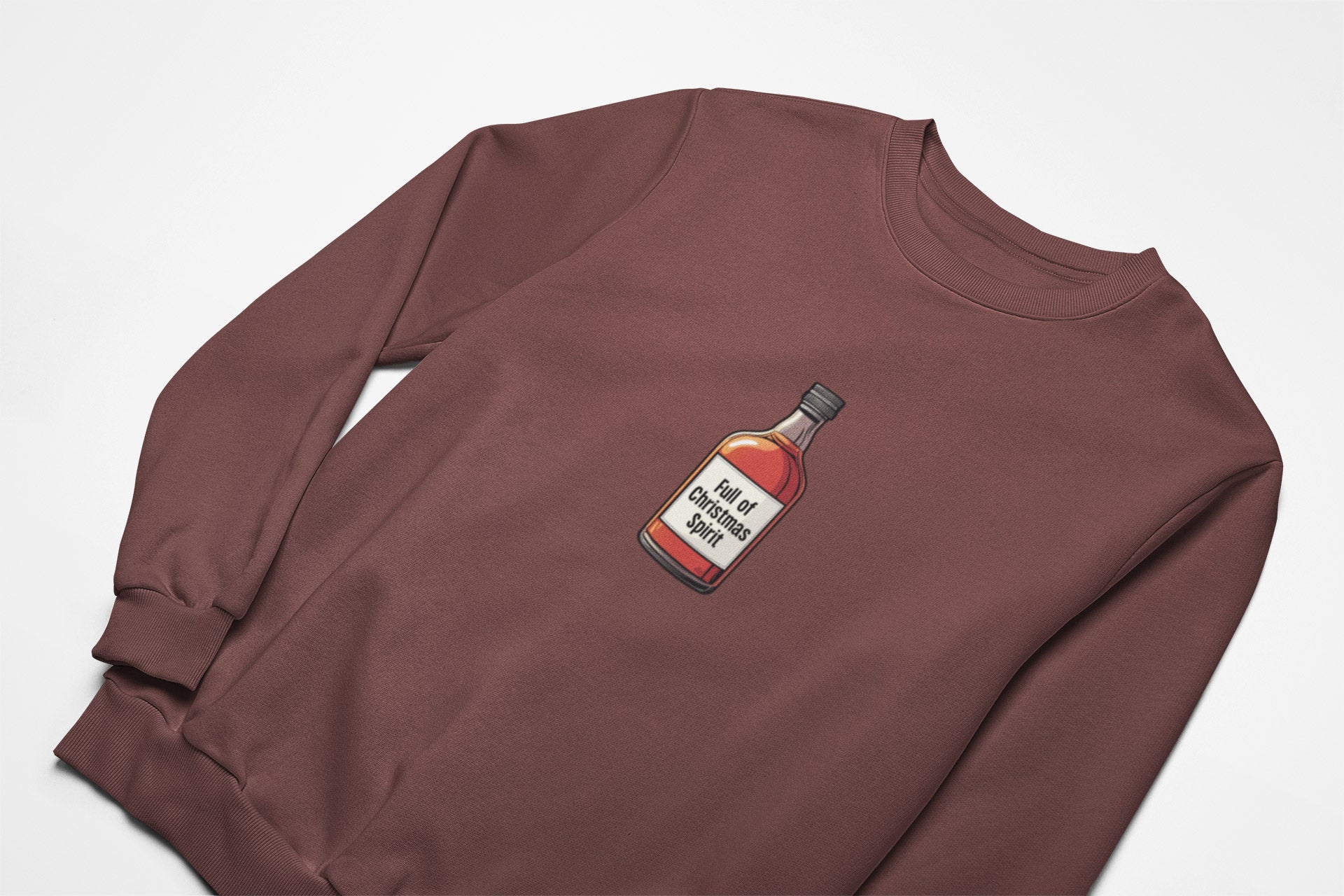 Full of christmas spirit Christmas Jumper with with a bottle of whisky on the front in hot chocolate 