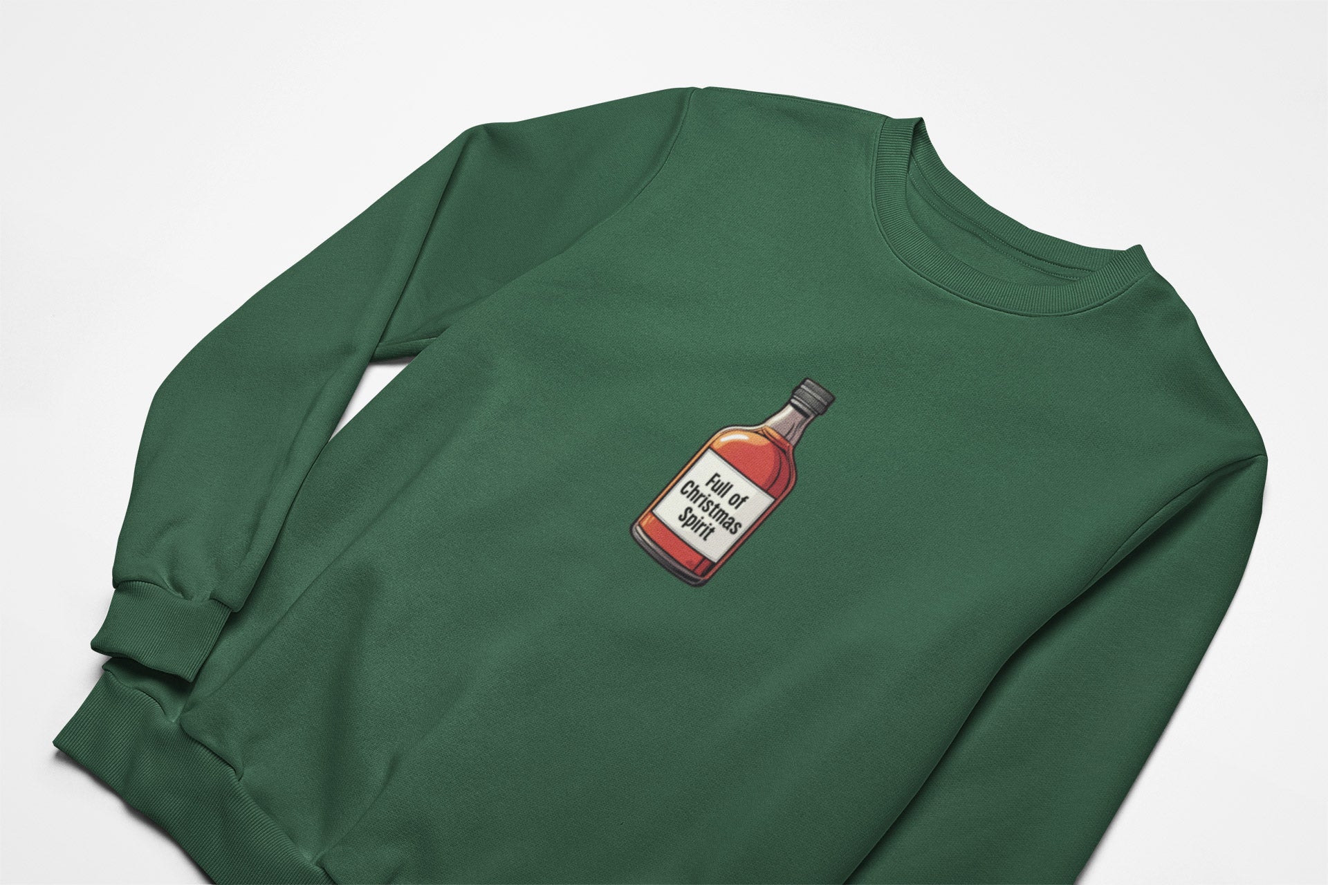 Full of christmas spirit Christmas Jumper with with a bottle of whisky on the front in green