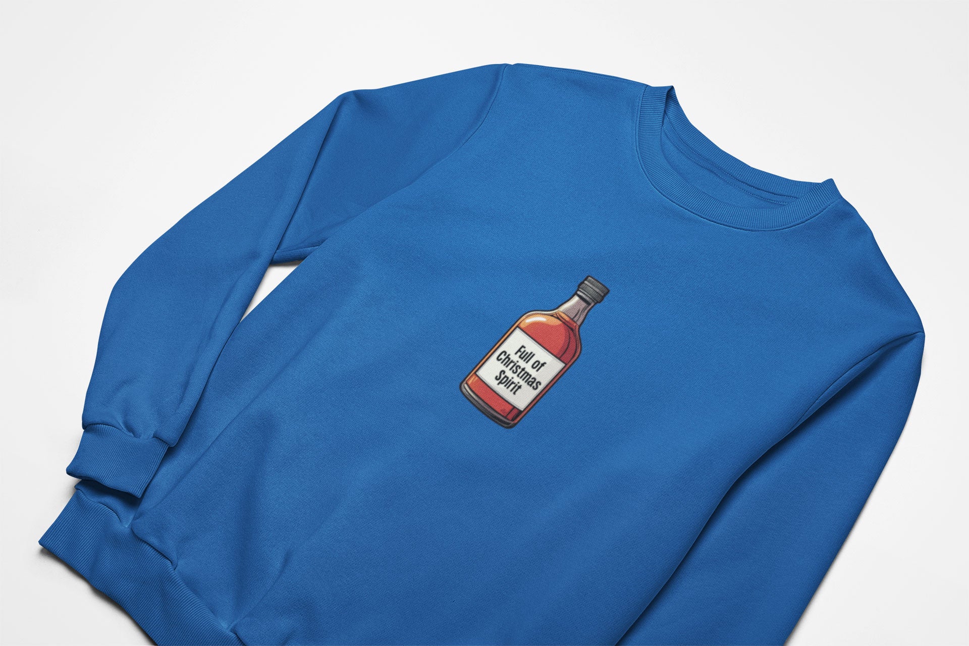 Full of christmas spirit Christmas Jumper with with a bottle of whisky on the front in blue