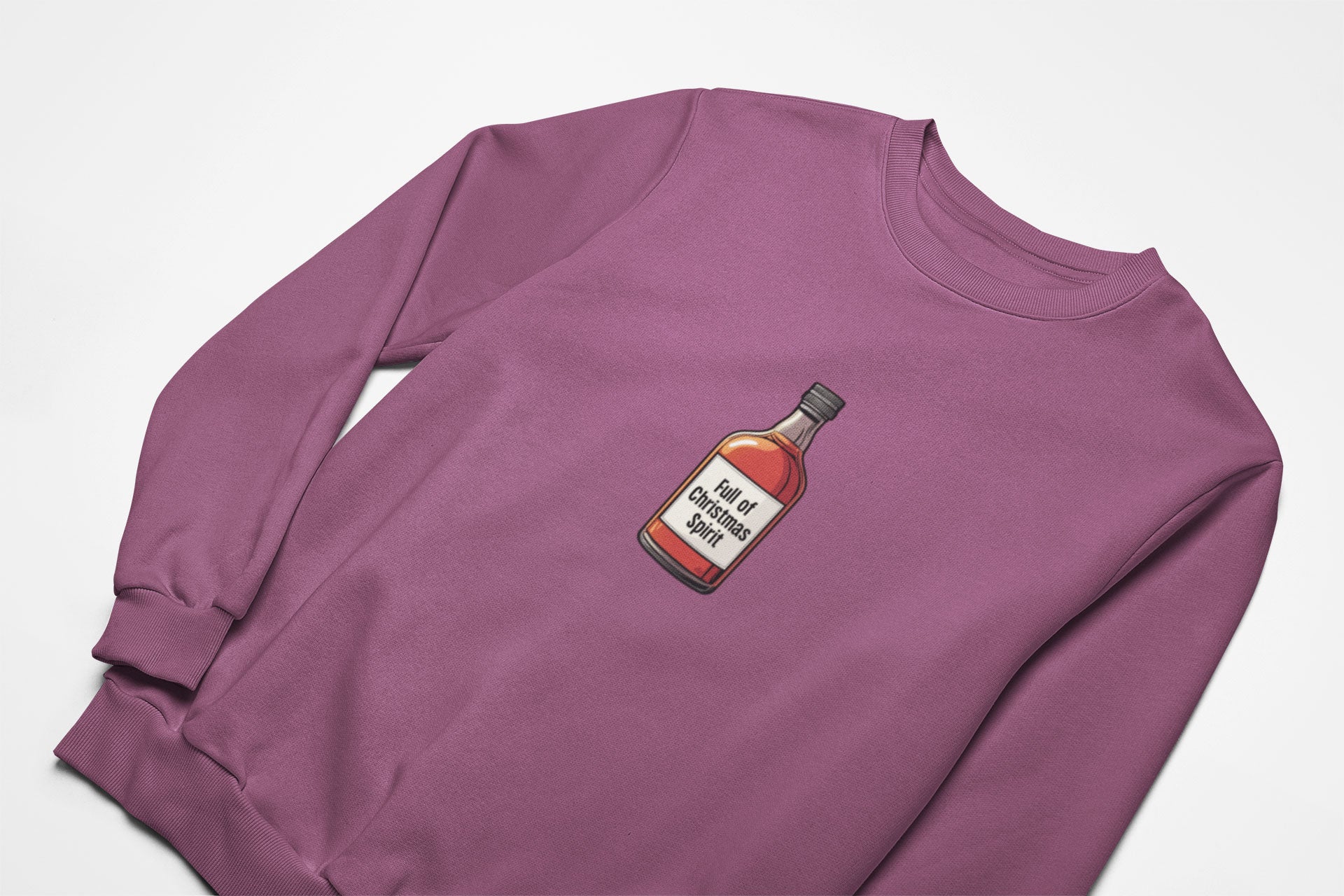 Full of christmas spirit Christmas Jumper with with a bottle of whisky on the front in plum
