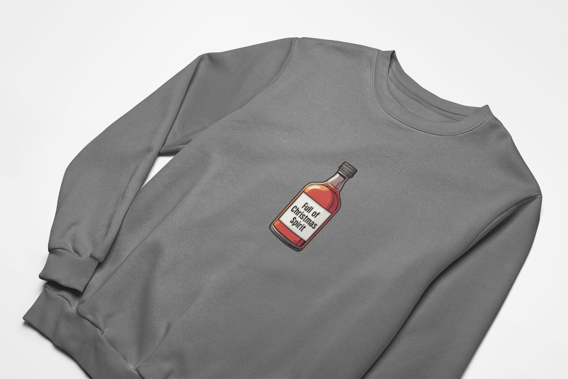 Full of christmas spirit Christmas Jumper with with a bottle of whisky on the front in charcoal