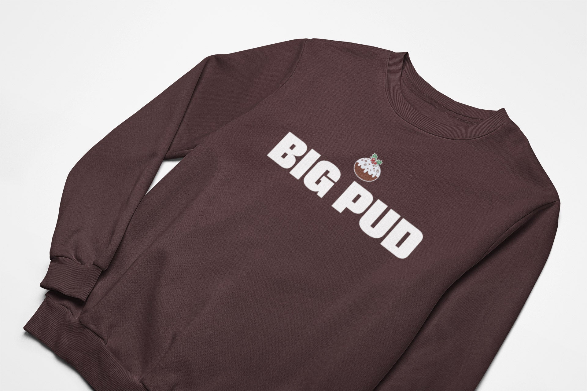 Big Pud Christmas Jumper with christmas pudding in brown