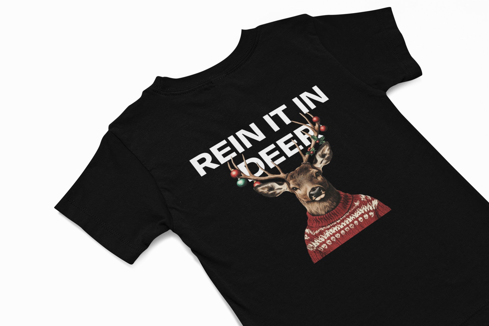 rein it in deer christmas T-shirt in black 