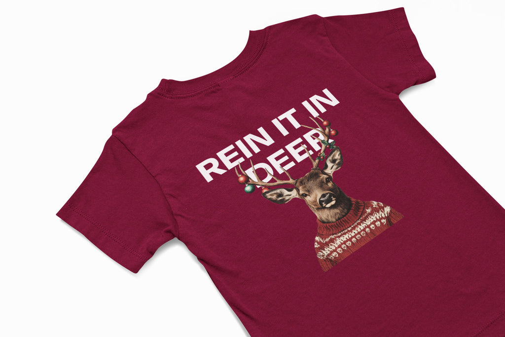 rein it in deer christmas T-shirt in burgundy 