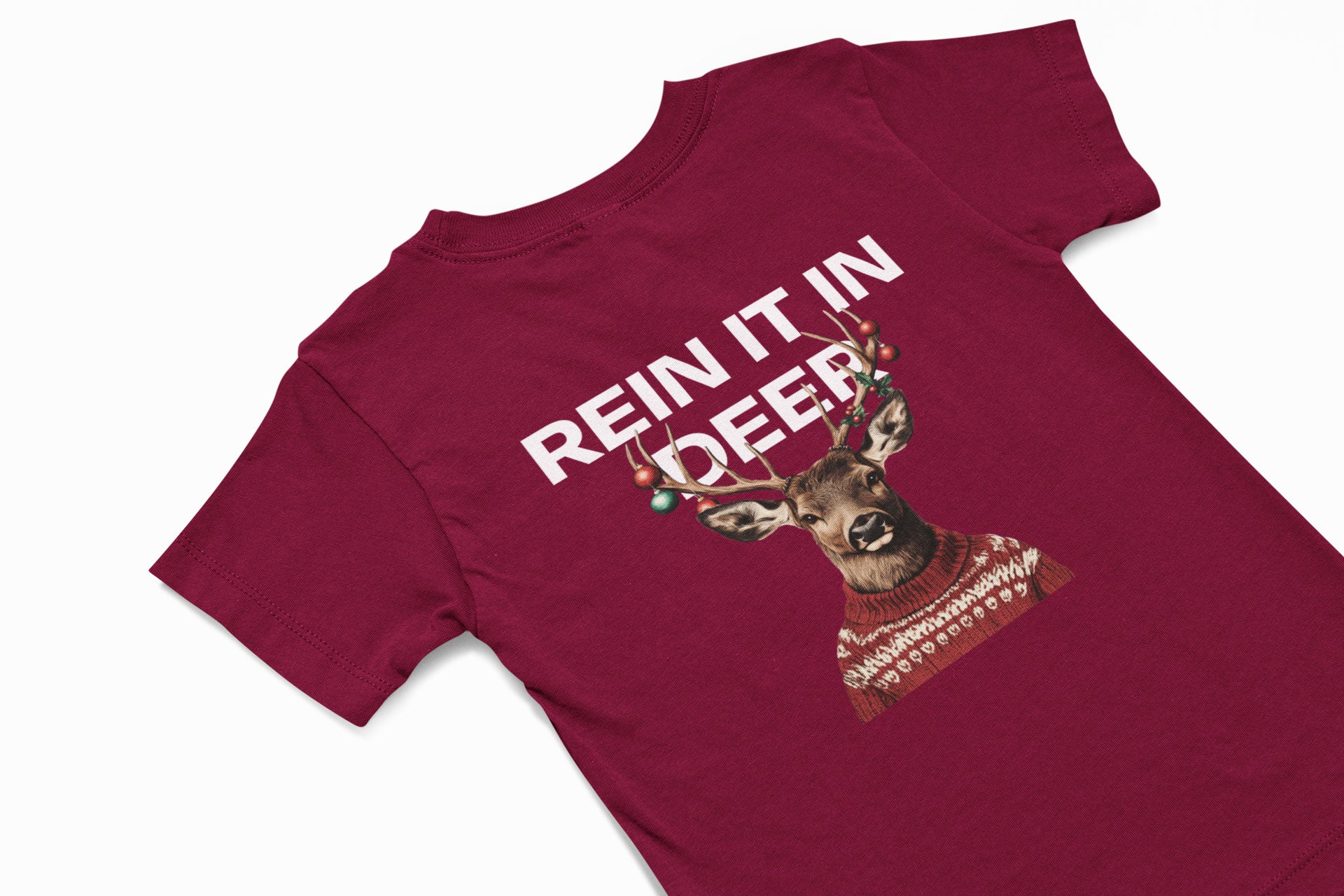 rein it in deer christmas T-shirt in burgundy 