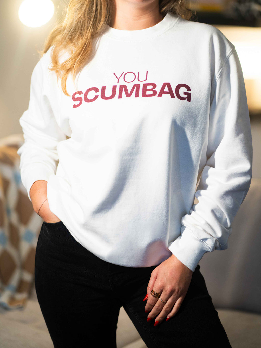 woman wearing christmas jumper