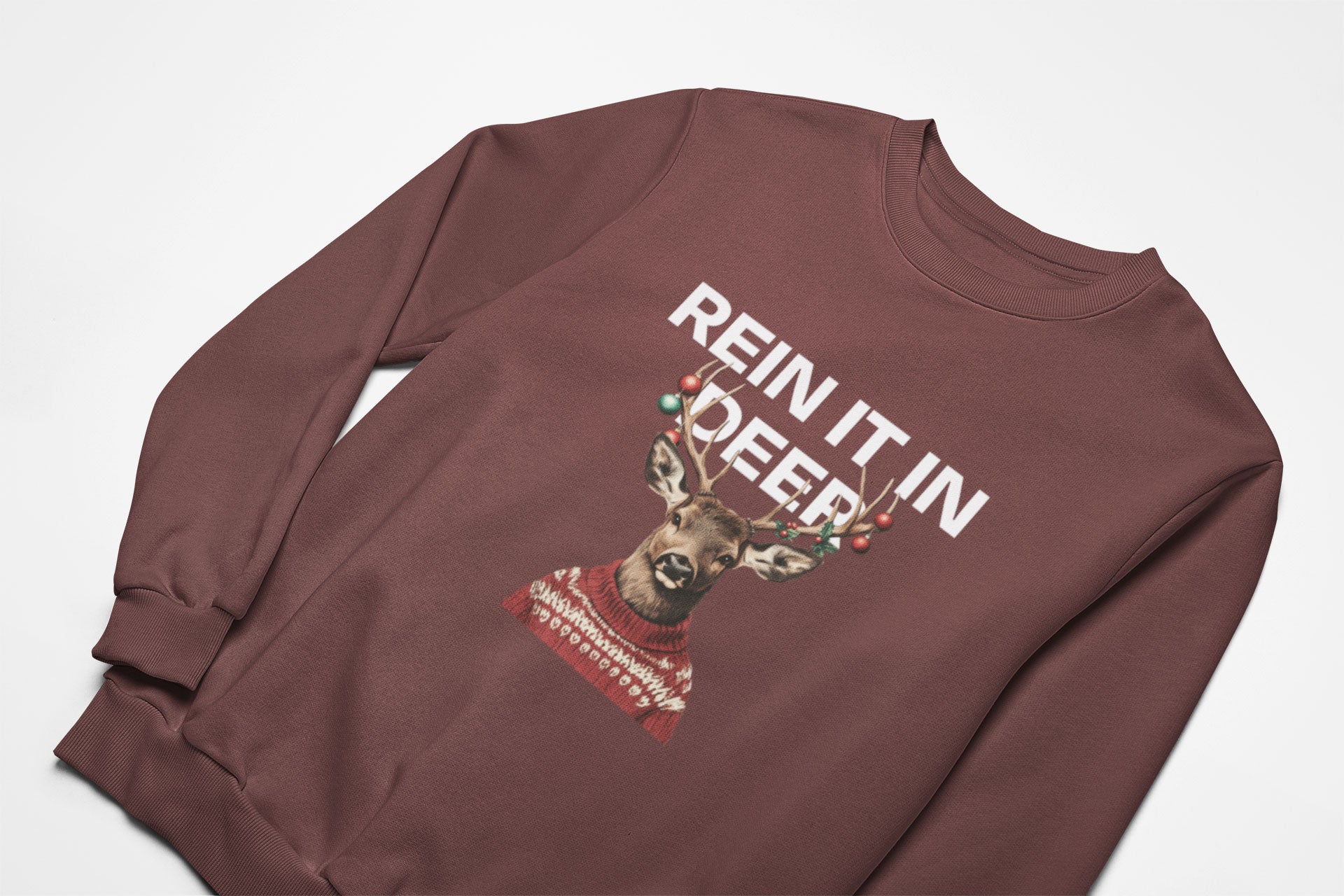 Rein it in deer christmas jumper in chocolate