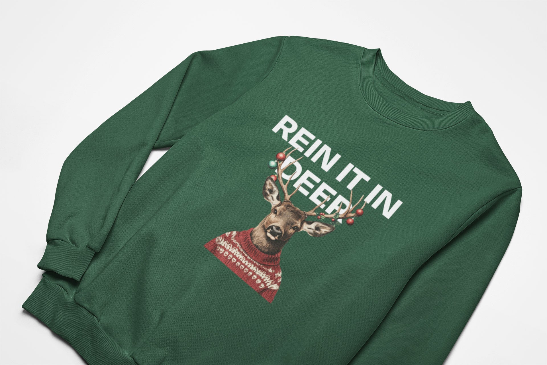 Rein it in deer christmas jumper in green