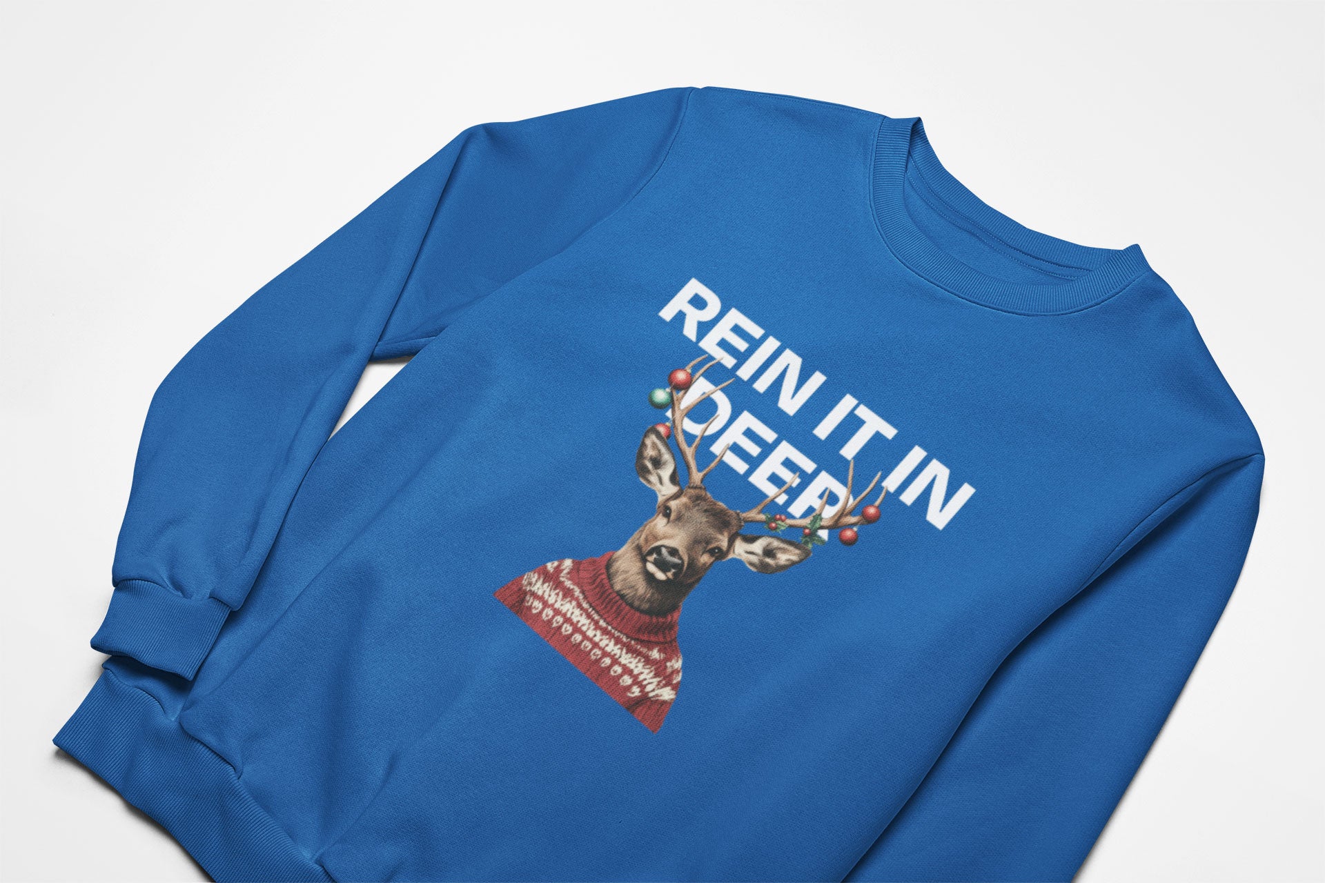 Rein it in deer christmas jumper in blue
