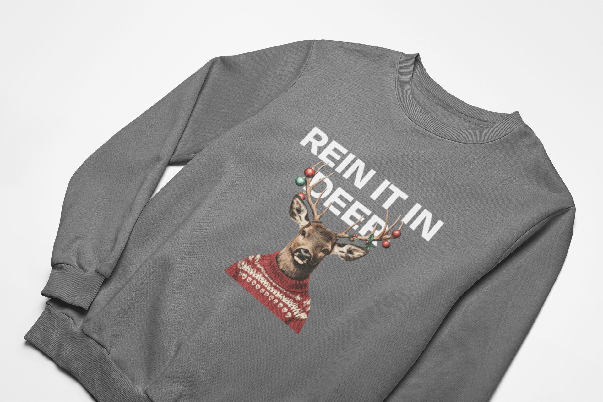 Rein it in deer christmas jumper in charcoal