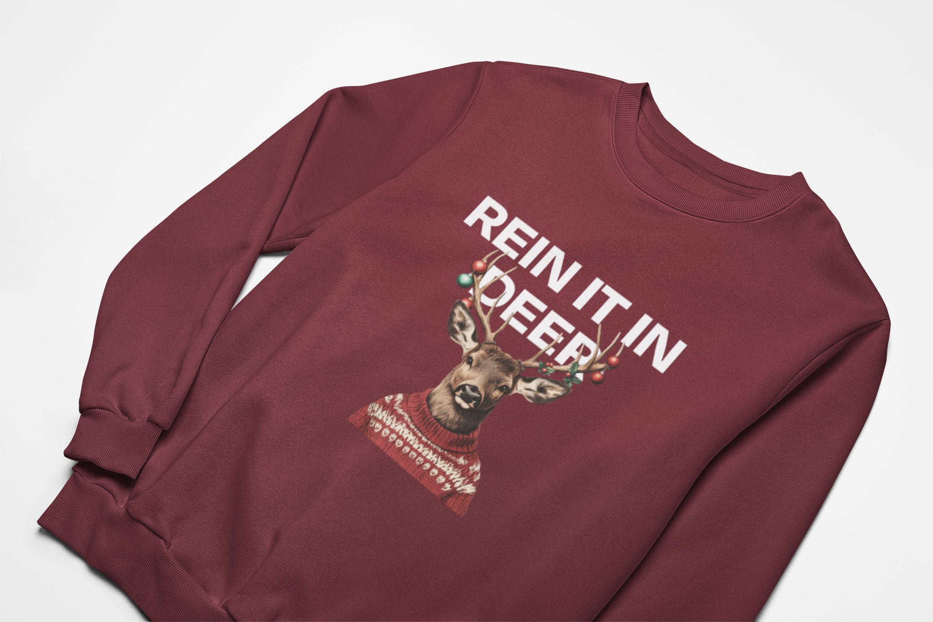 Rein it in deer christmas jumper in burgundy