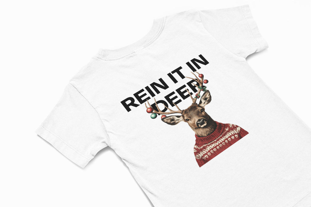 rein it in deer christmas T-shirt in white 